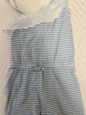 Blue & White Striped Girls' Romper with Eyelet Trim